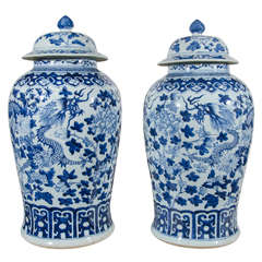 Pair of Large Blue and White Chinese Porcelain Vases with Dragons