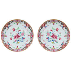 Pair Antique Chinese Porcelain Dishes with Pink Famille Rose Decoration