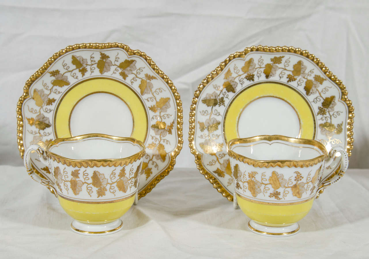  Antique Worcester Porcelain Tea Cups and Saucers Yellow and Gold  1