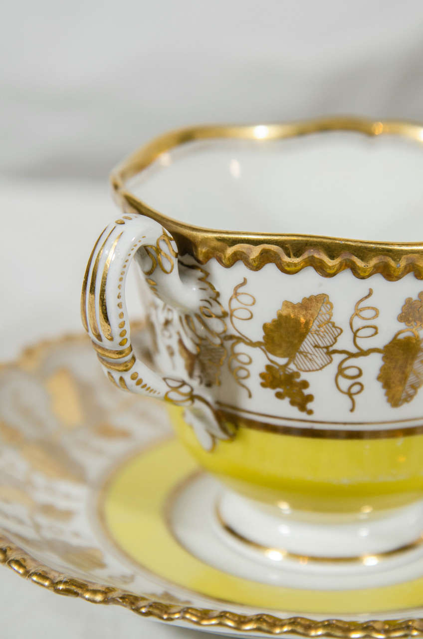 English  Antique Worcester Porcelain Tea Cups and Saucers Yellow and Gold 