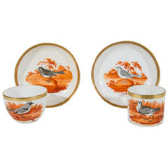 Pair Antique Ornithological Cups and Saucers Showing Birds