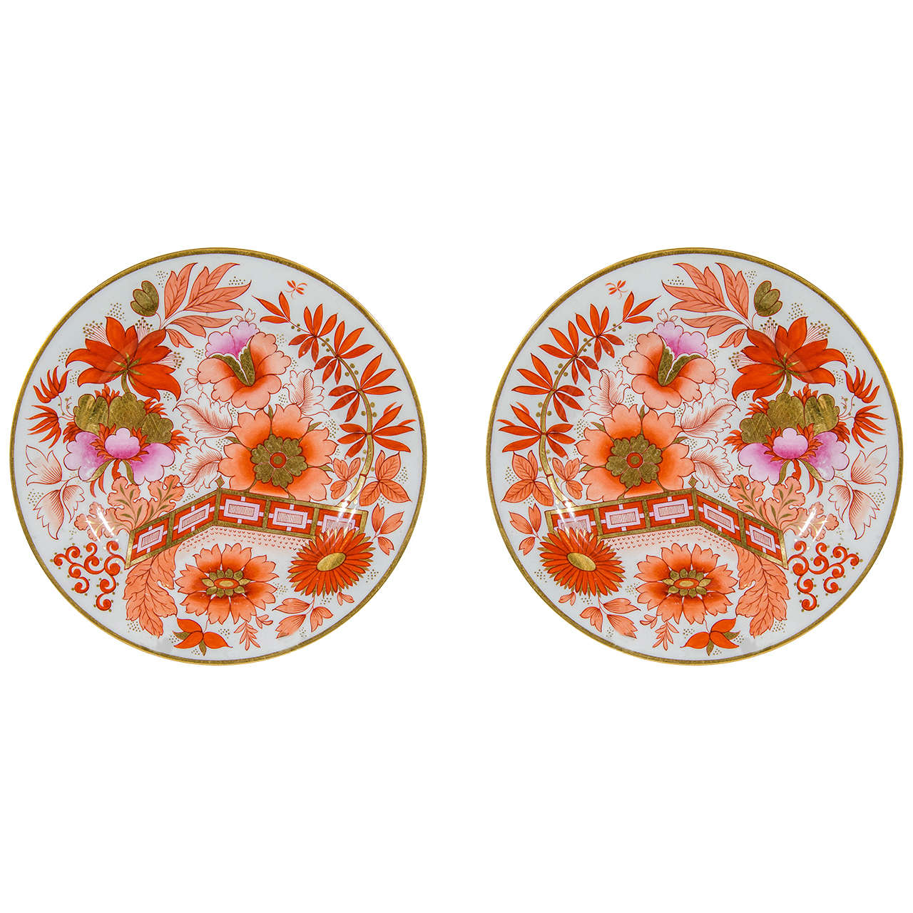 Pair of Worcester Dishes Painted in Famille Rose Pink and Orange