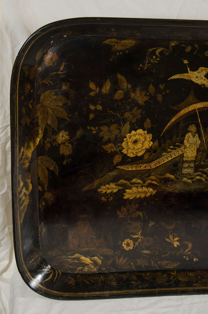Early 19th Century English Papier Mâché Tray with Chinoiserie Scene In Excellent Condition In Katonah, NY