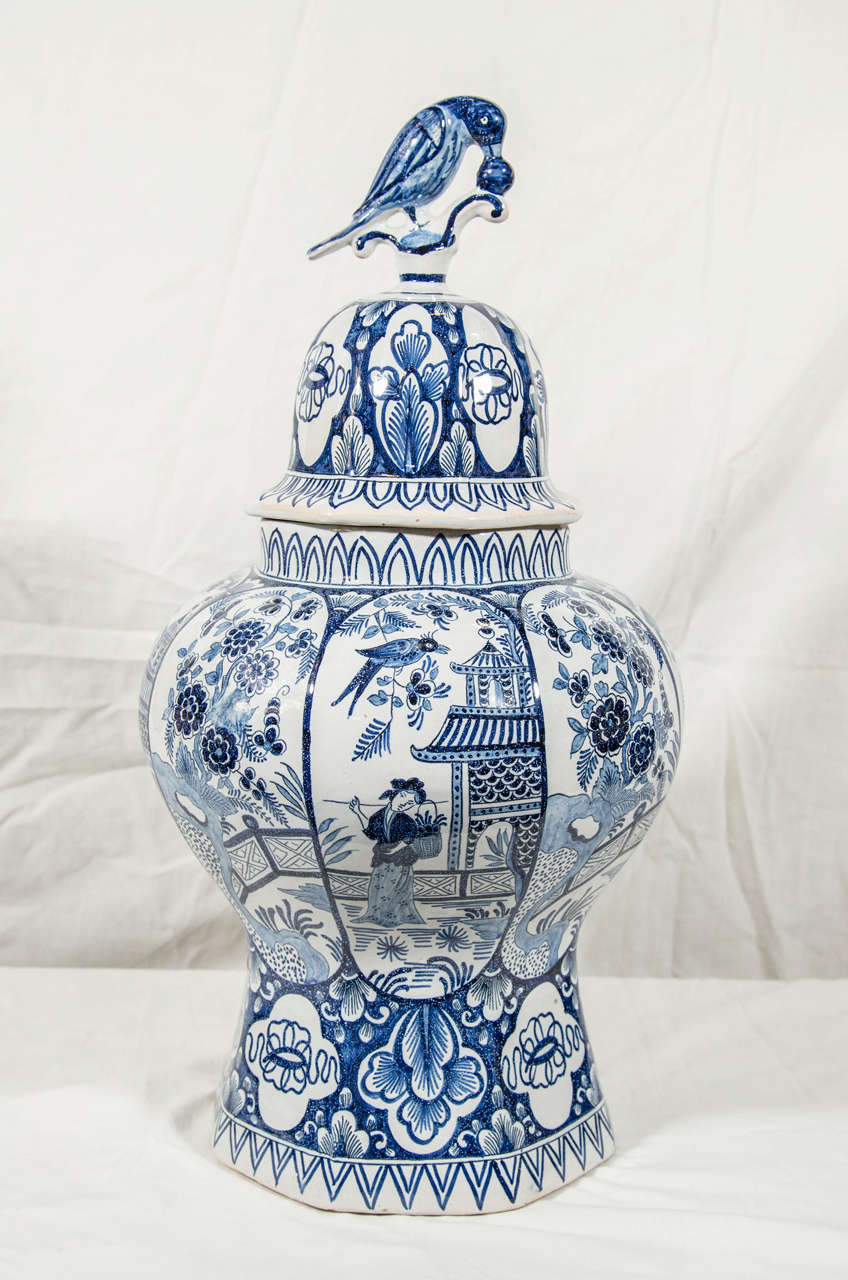 Pair of Dutch Delft Blue and White Covered Vases 1