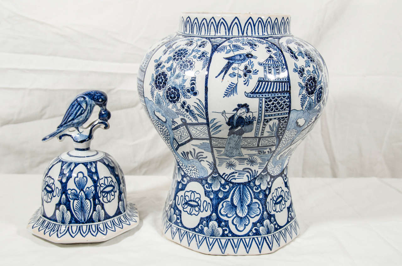 20th Century Pair of Dutch Delft Blue and White Covered Vases