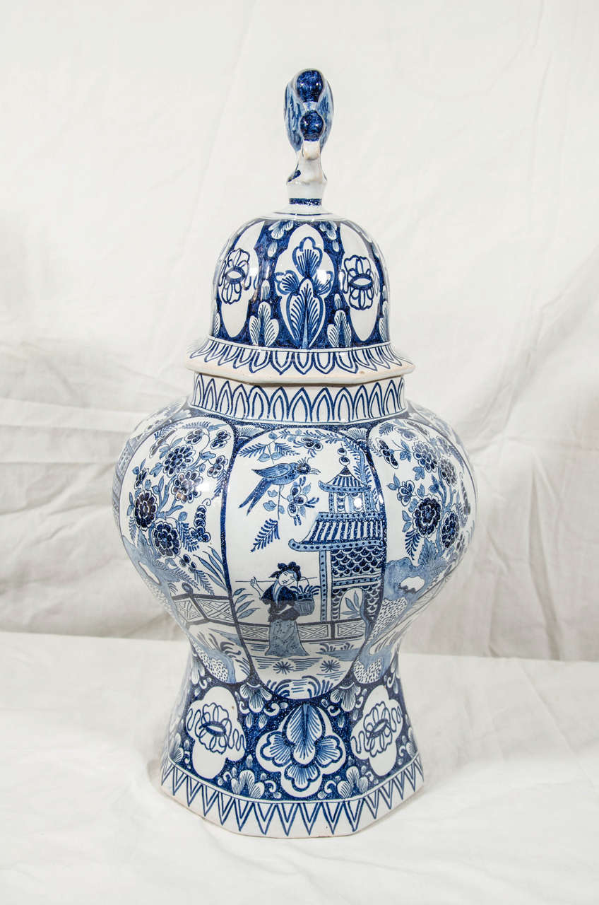 Pair of Dutch Delft Blue and White Covered Vases 2