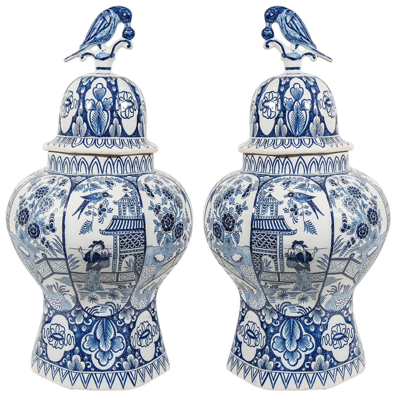 Pair of Dutch Delft Blue and White Covered Vases