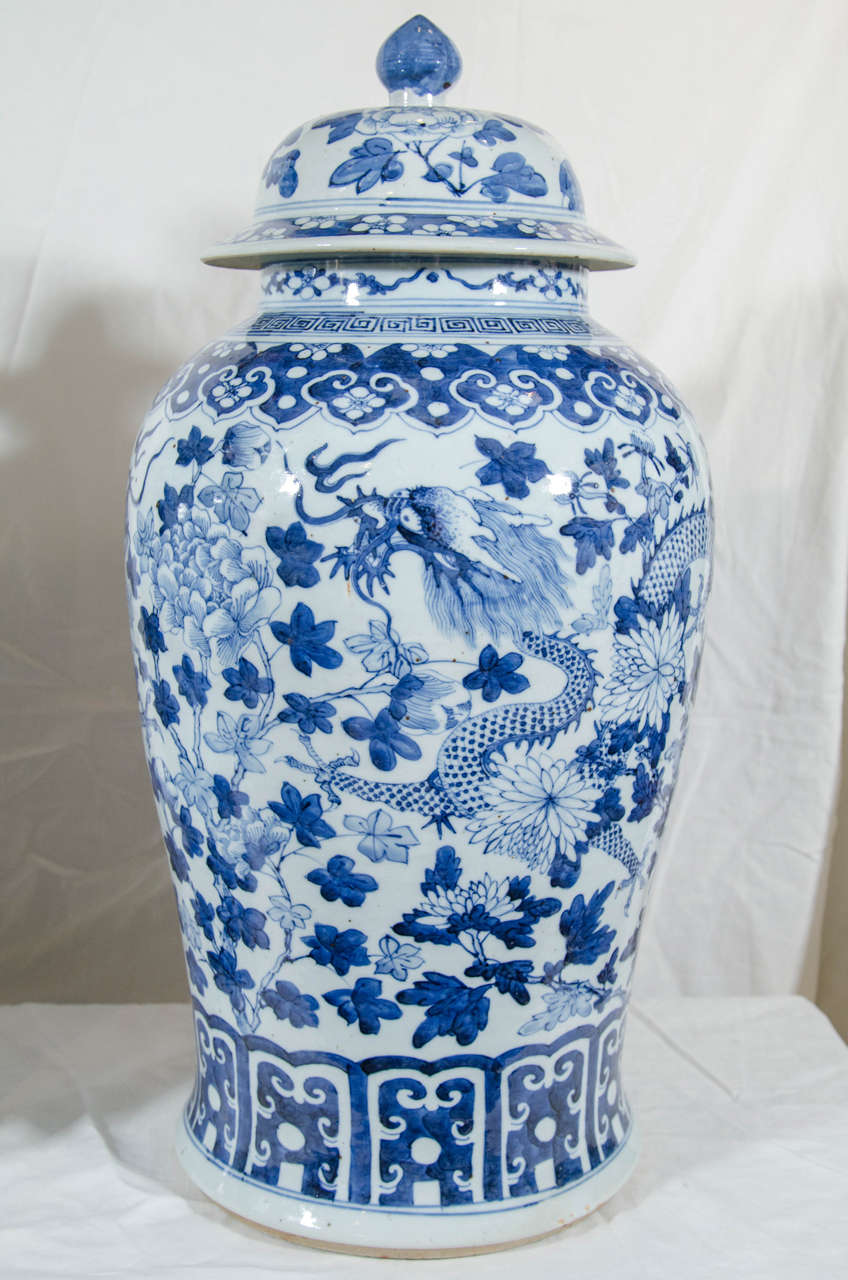 Pair of Large Blue and White Chinese Porcelain Vases with Dragons at