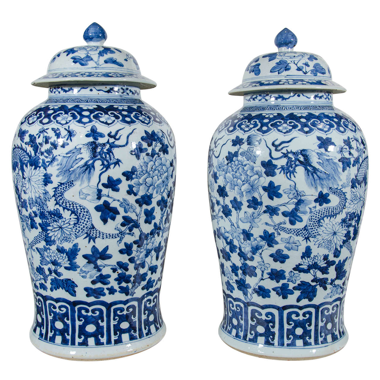 Pair of Large Blue and White Chinese Porcelain Vases with Dragons at 1stdibs