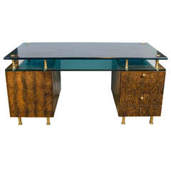 Important Desk by Raphael, Blue Saint Gobain Glass, Palm, France, circa 1960