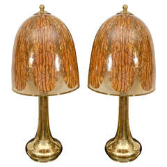 Pair of Large-Scale Bamboo, Resin and Brass Lamps