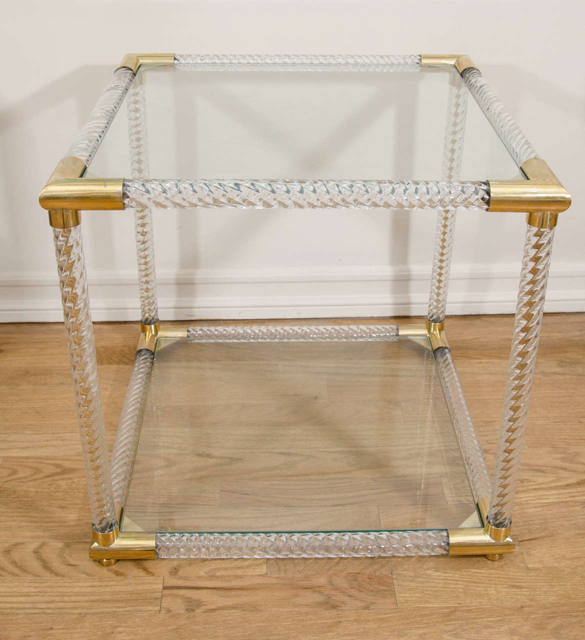 Pair of square brass and fluted Murano glass two-tier side tables.