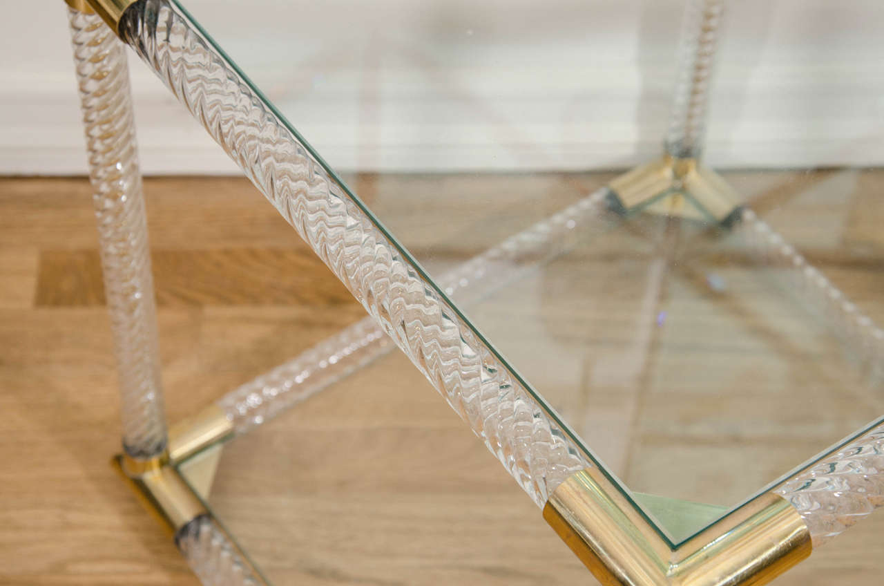Brass Pair of Two-Tier Fluted Glass Side Tables