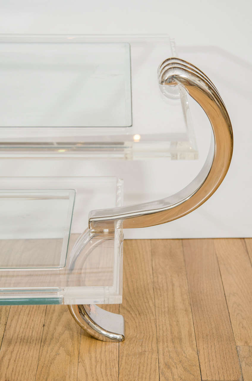 Mid-Century Modern Two-Tier Lucite Coffee Table with Scroll Form Supports