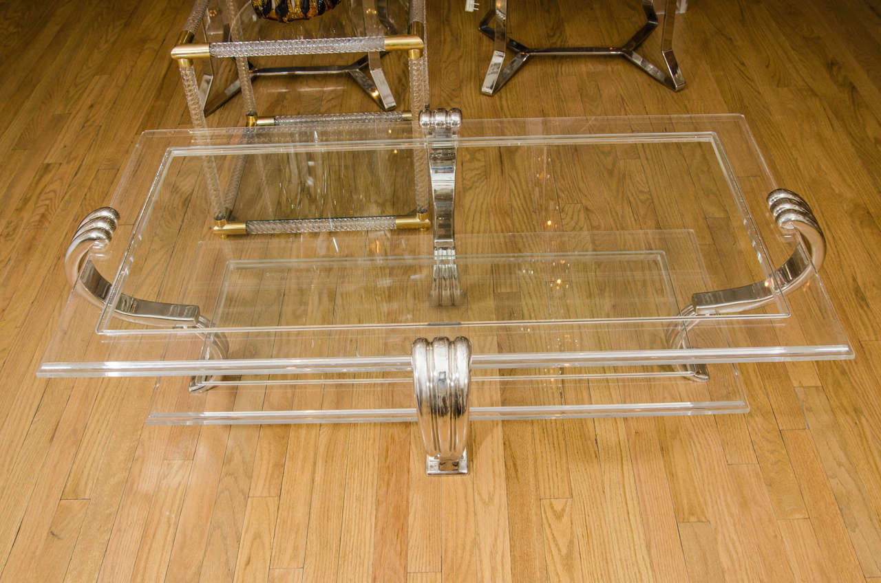 Two-Tier Lucite Coffee Table with Scroll Form Supports In Good Condition In New York, NY