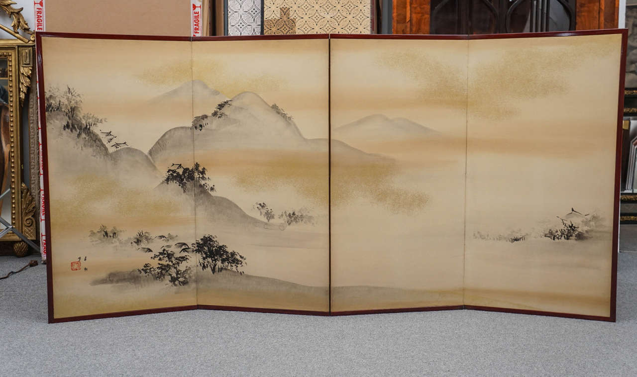 Four-panel Japanese screen with landscape. Showa period. Dimension: 35.75
