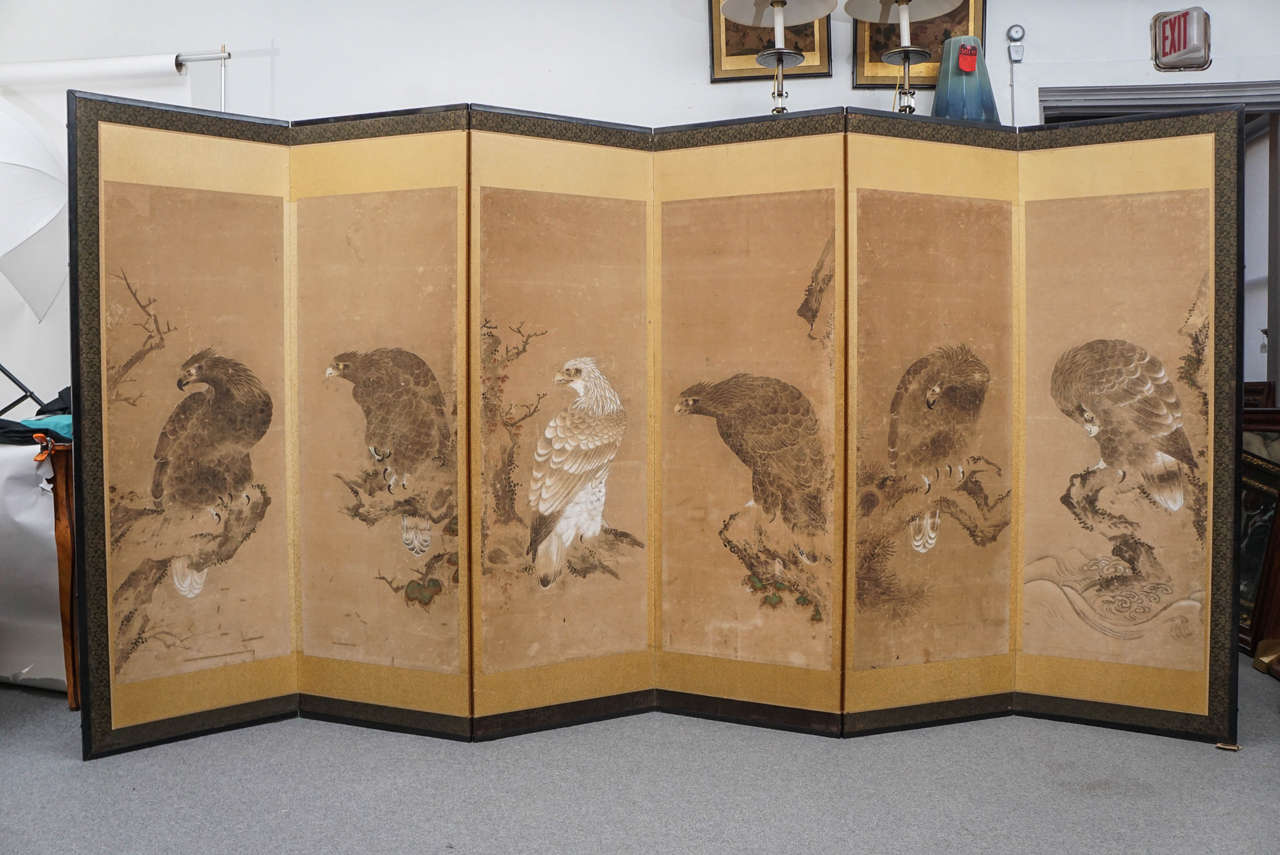 Six-panel Japanese screen with hawks. Paintings have been remounted.
Dimension: 67