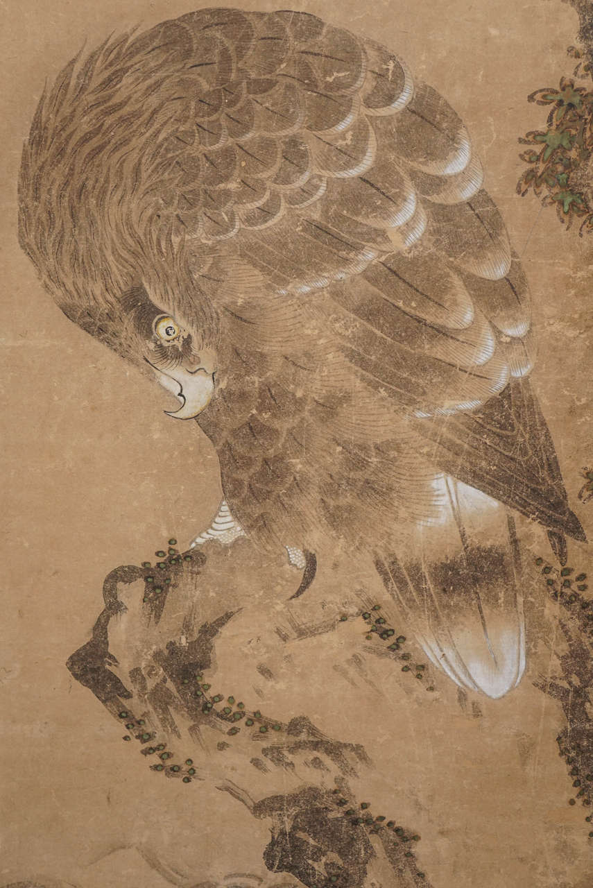 Japanese Screen with Hawks In Good Condition For Sale In Hudson, NY