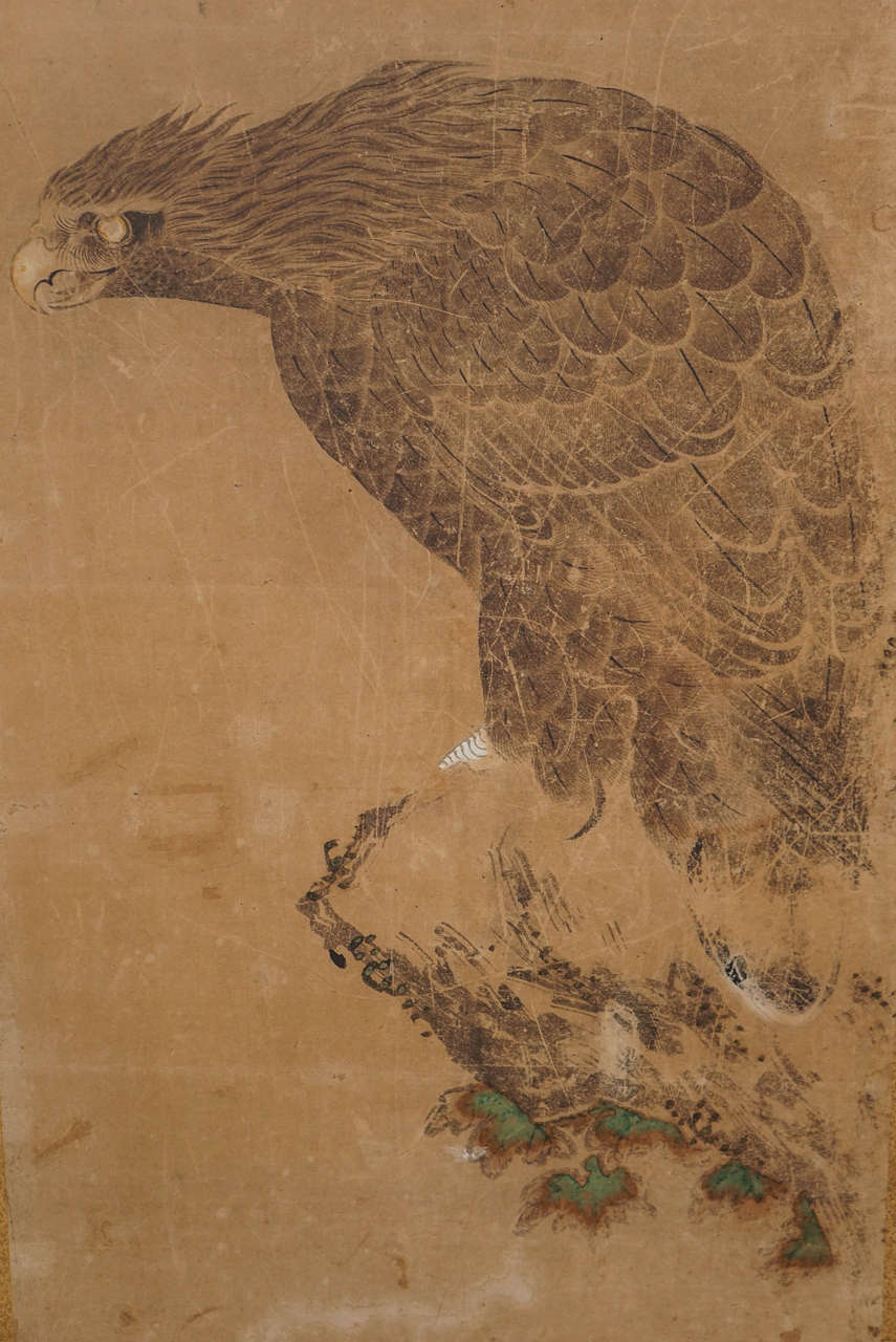 Paper Japanese Screen with Hawks For Sale