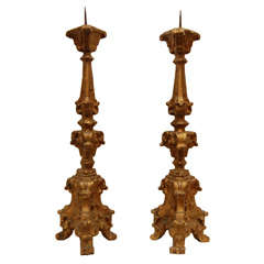 Antique Pair 18th Century Portuguese Guilt-wood Pricket Candlesticks