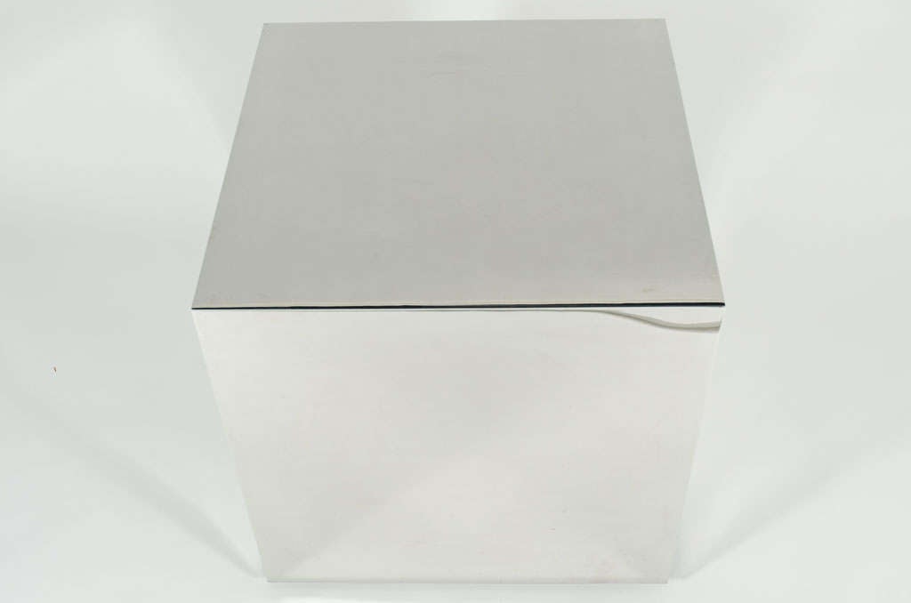 Stainless Steel American Mirror Polished Steel Cube Rolling Table after Ward Bennett For Sale