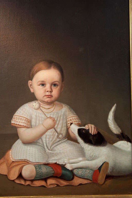 Child with Dog Folk Art Portrait Painting 1