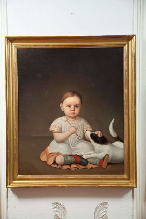 New Hampshire. Oil on Canvas, lined, and museum backed in a gilt frame. The blue-eyed subject is seen full length seated with a dog. Holding a rattle in her right hand she wears red and blue shoes with knee socks and a salmon colored dress with a