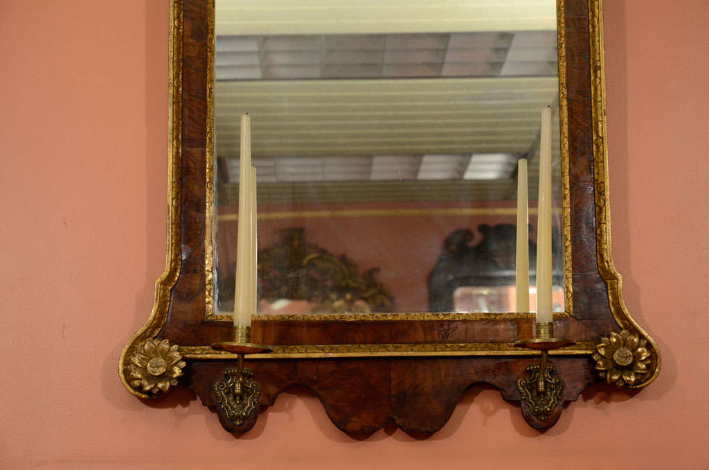 English George II Walnut and Gilt Scroll Top Mirror