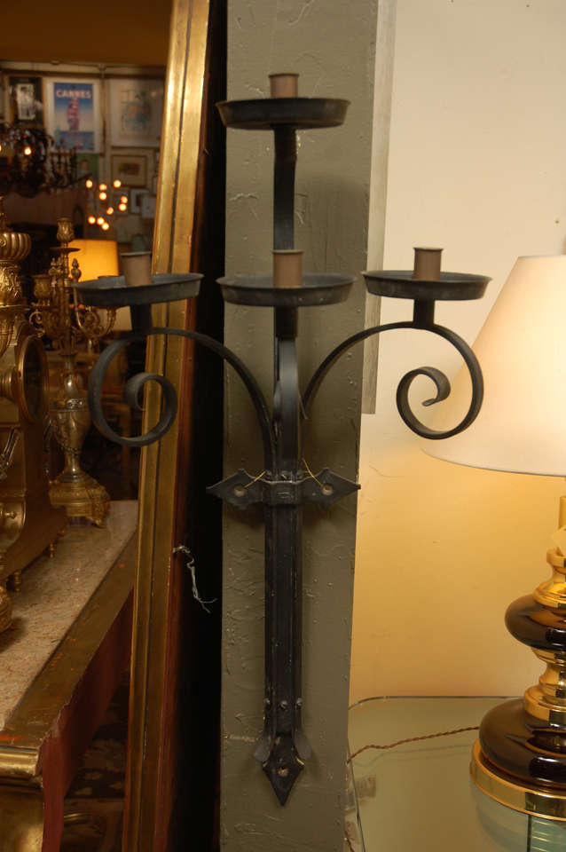 ELEGANT 1950'S PAIR OF TALL FRENCH IRON WALL SCONCES.
NOT WIRE. 