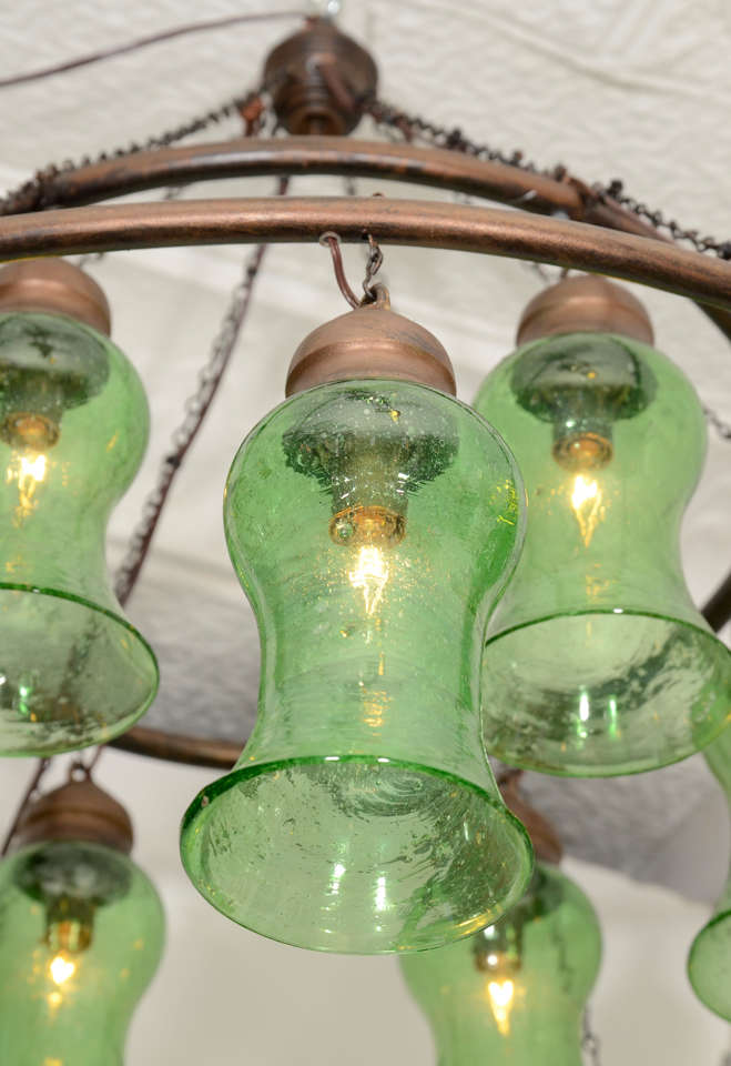 Egyptian Handblown Chandelier with Green Bell-Shaped Glass In Good Condition In New York, NY