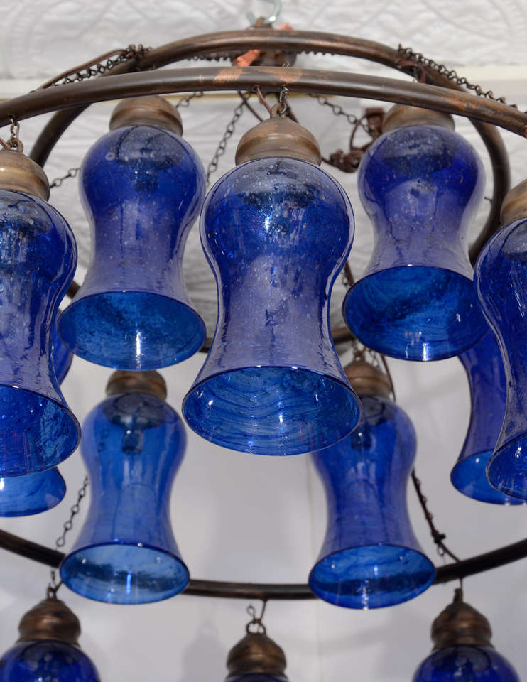 Egyptian Handblown Chandelier with Cobalt Bell-Shaped Glass In Good Condition In New York, NY