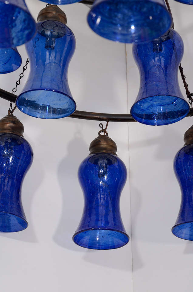 20th Century Egyptian Handblown Chandelier with Cobalt Bell-Shaped Glass