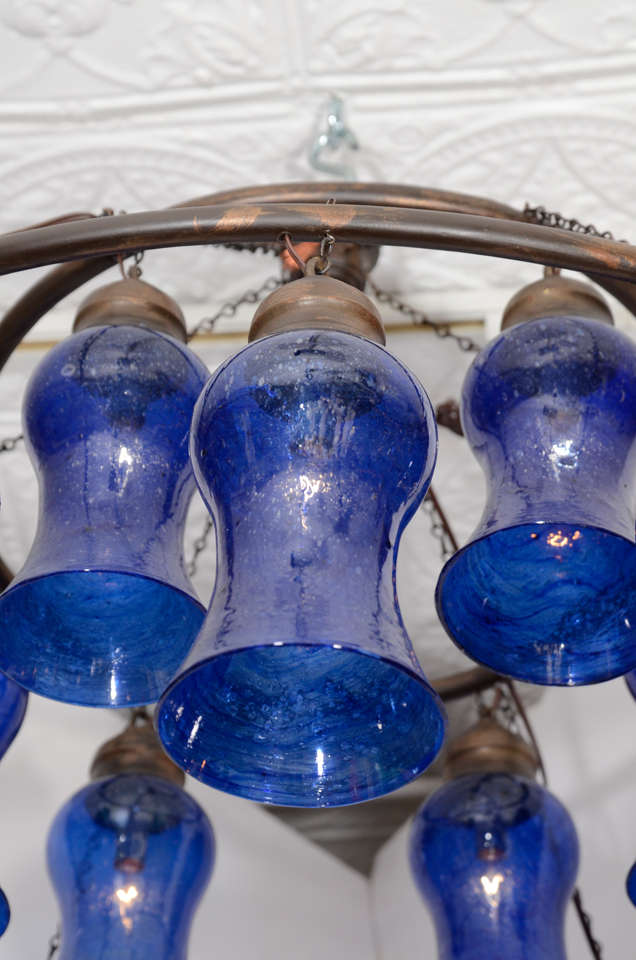 Egyptian Handblown Chandelier with Cobalt Bell-Shaped Glass 3