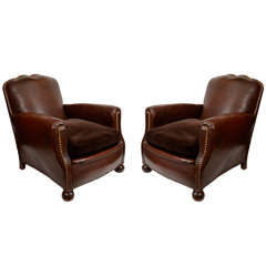 Pair of 1930s French Leather Club Chairs with Velvet Cushions