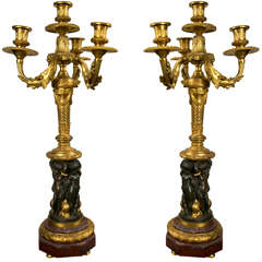 Pair Gilt and Patinated Bronze Candleabra