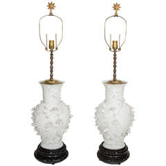 A Pair of Exquisite & Large Antique Louis XVI Chinoiserie style Chinese Blanc De Chine Porcelain lamps, 19th century