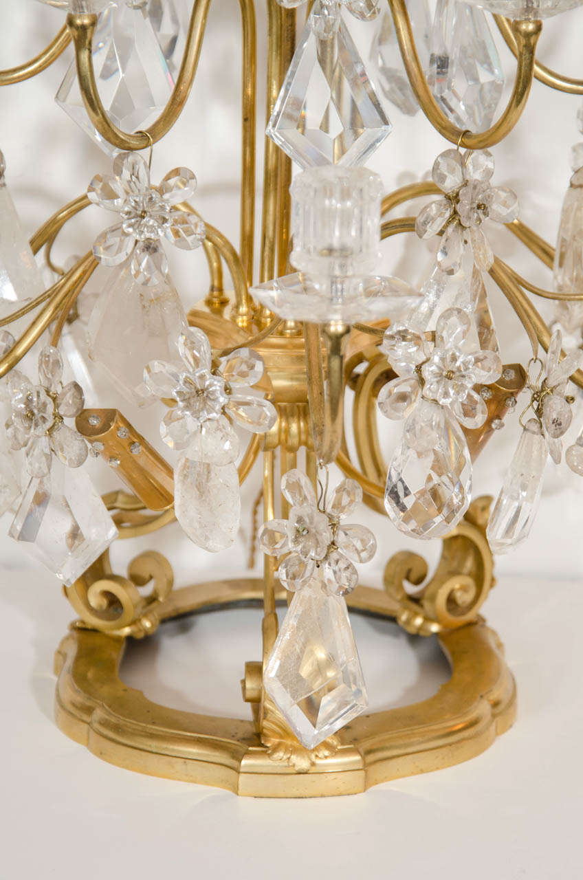 European Set of French Louis XVI Style Gilt Bronze and Cut Rock Crystal Candelabra Lamps For Sale