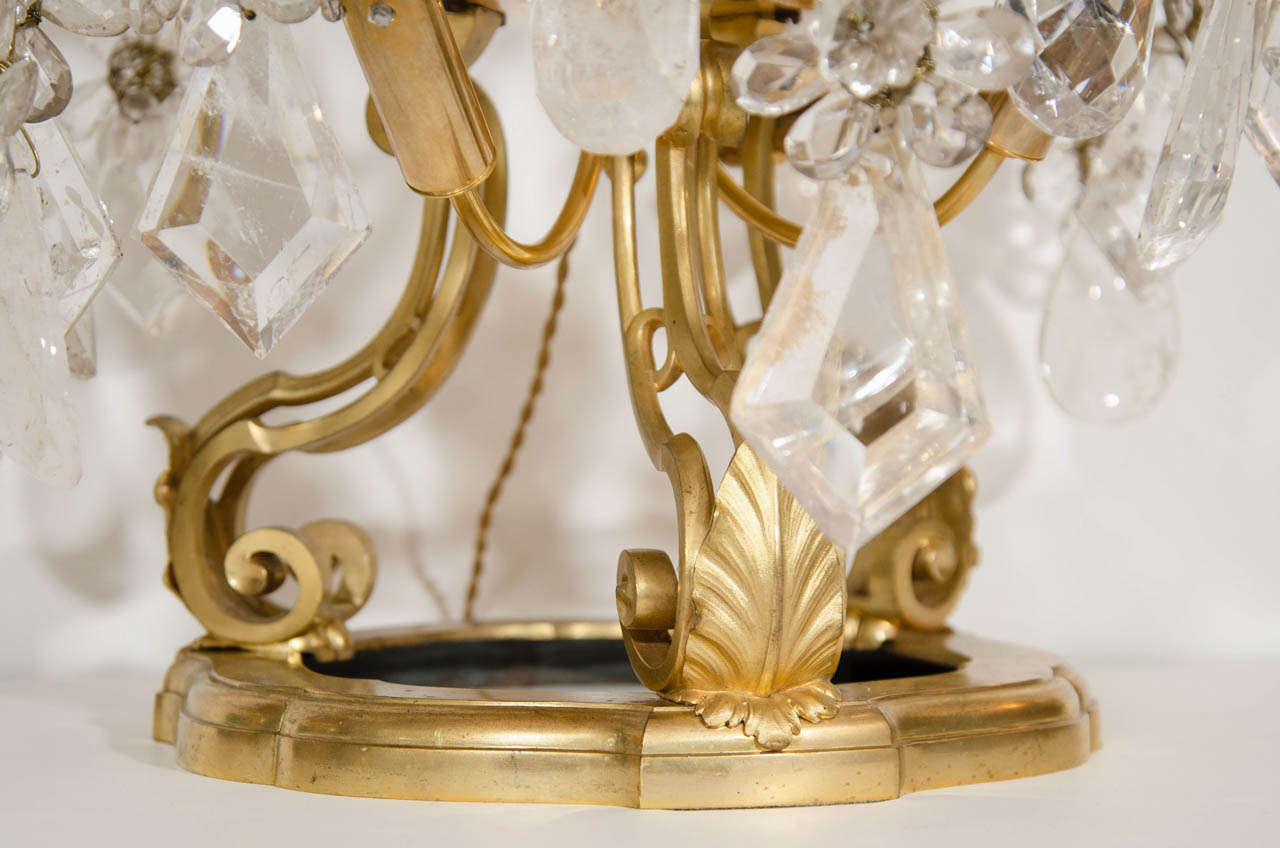 Set of French Louis XVI Style Gilt Bronze and Cut Rock Crystal Candelabra Lamps For Sale 1
