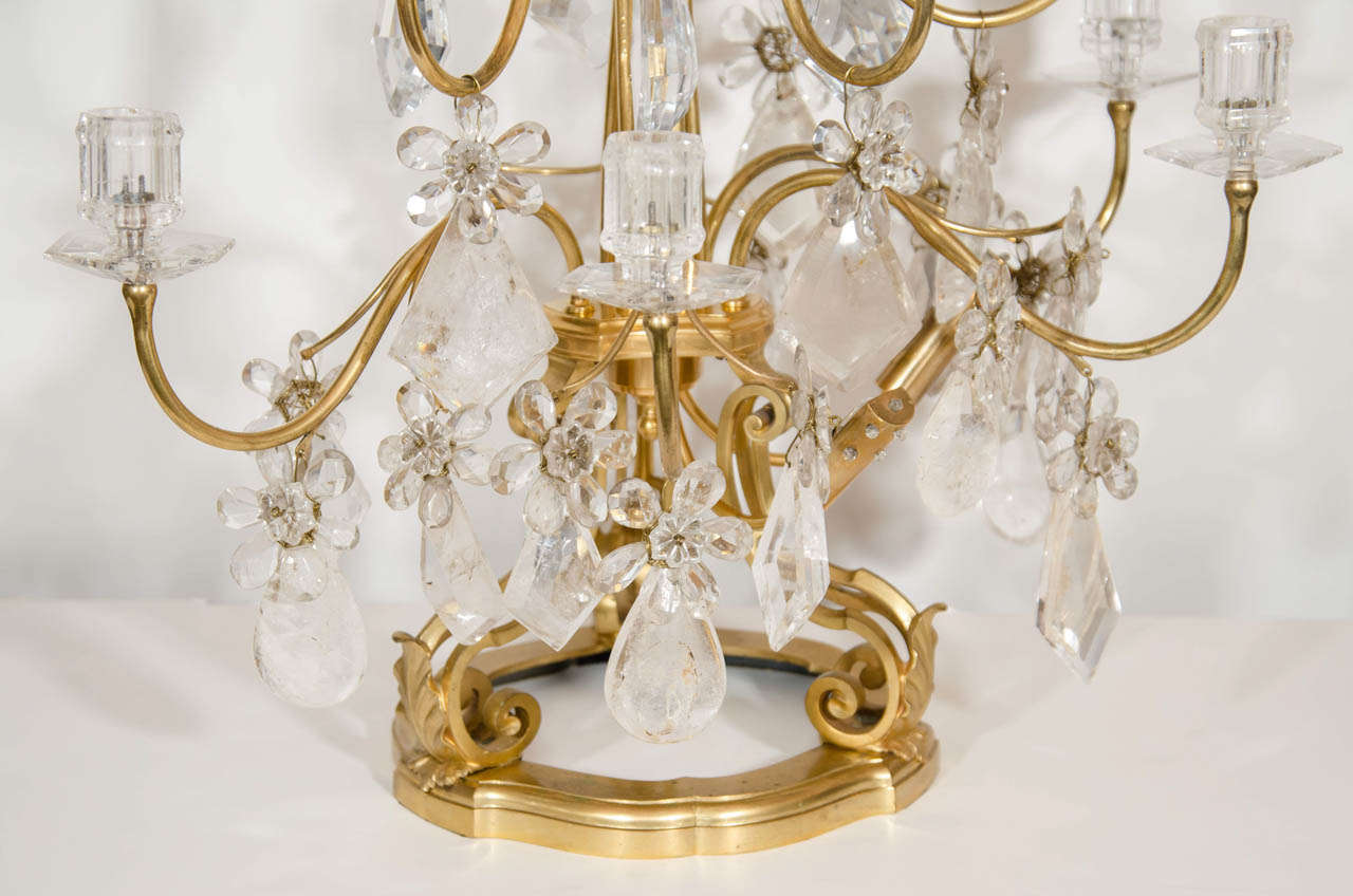 Set of French Louis XVI Style Gilt Bronze and Cut Rock Crystal Candelabra Lamps For Sale 3