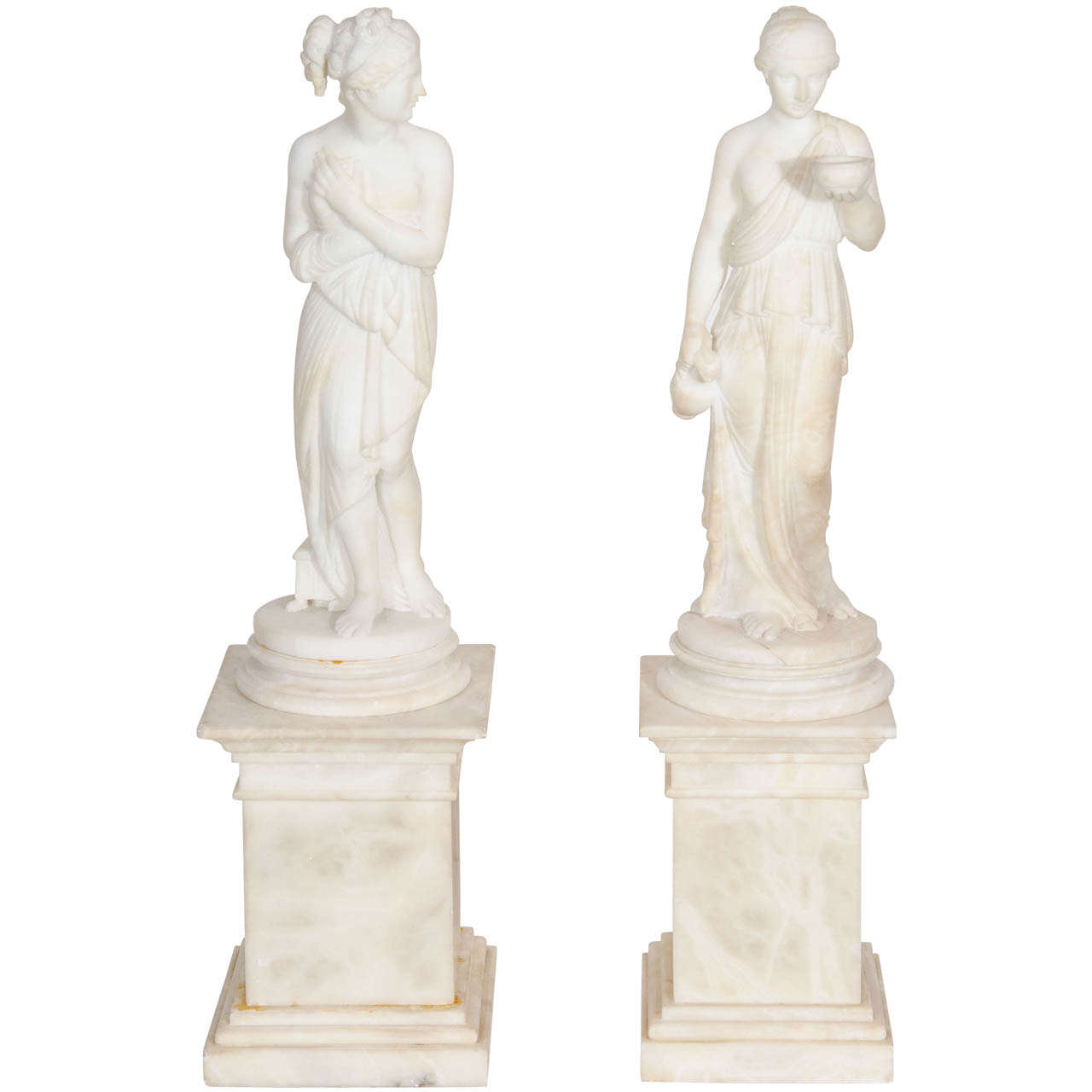 Pair of Antique Italian Neoclassical Alabaster Figures on Bases For Sale