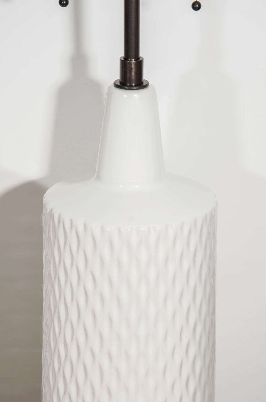 Mid-20th Century Pair of American 1950’s White Ceramic Lamps with a Diamond Pattern