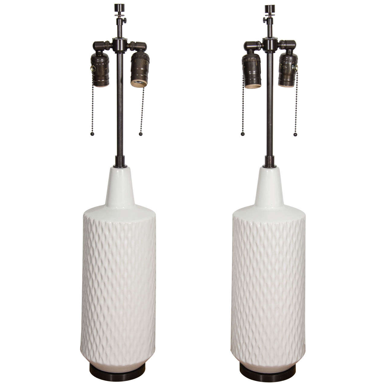 Pair of American 1950’s White Ceramic Lamps with a Diamond Pattern