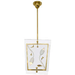Italian Tole Chandelier with Flower Motif and Two Panes of Glass as Shade
