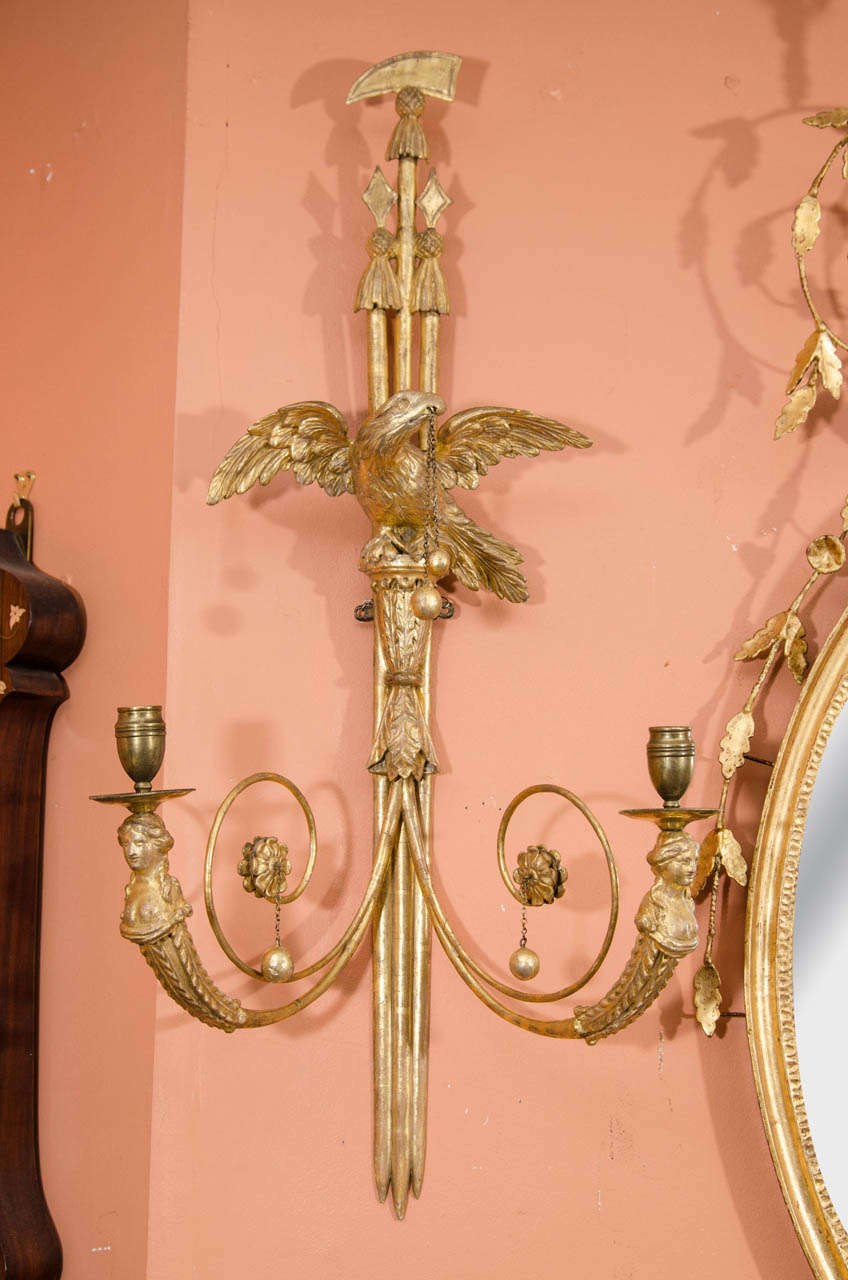 A Fine pair of Federal carved gilt wood two arm wall lights with carved eagles and caryatids.