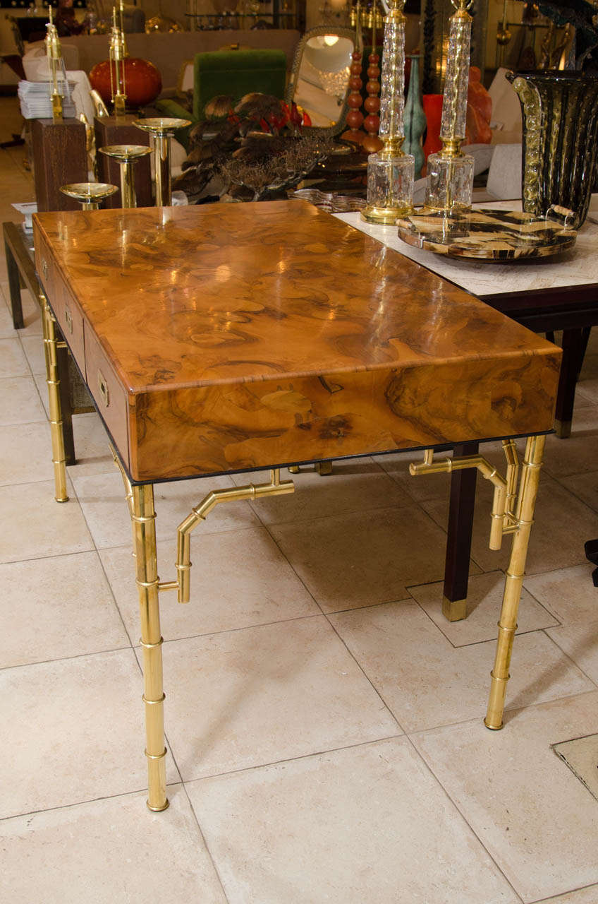 Italian Rectangular Burl Wood Three Drawer Desk With Brass Faux Bamboo Details
