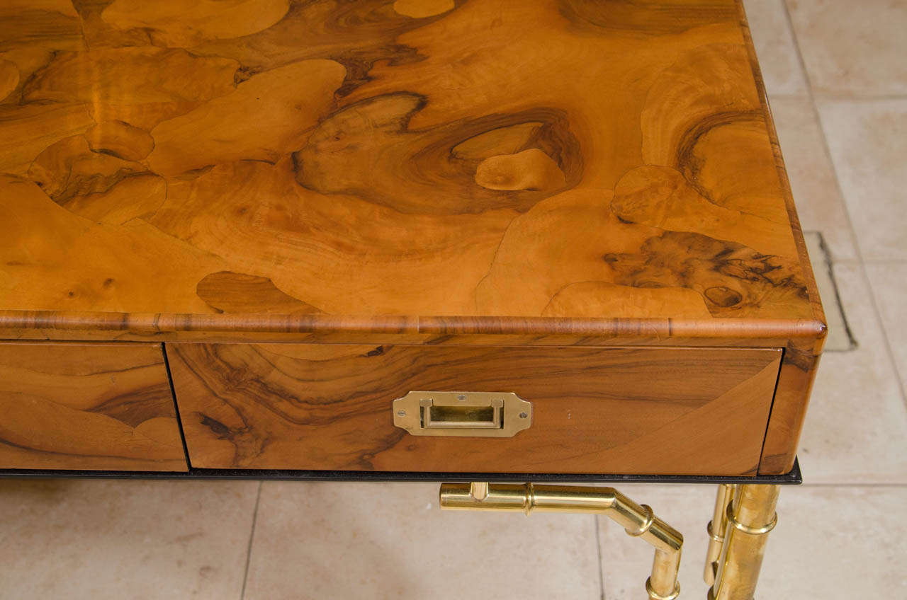 Rectangular Burl Wood Three Drawer Desk With Brass Faux Bamboo Details In Good Condition In New York, NY