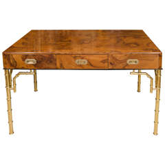 Rectangular Burl Wood Three Drawer Desk With Brass Faux Bamboo Details