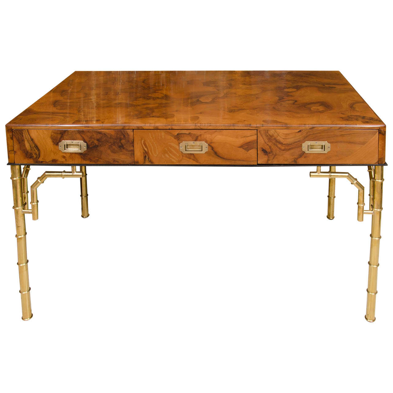 Rectangular Burl Wood Three Drawer Desk With Brass Faux Bamboo Details