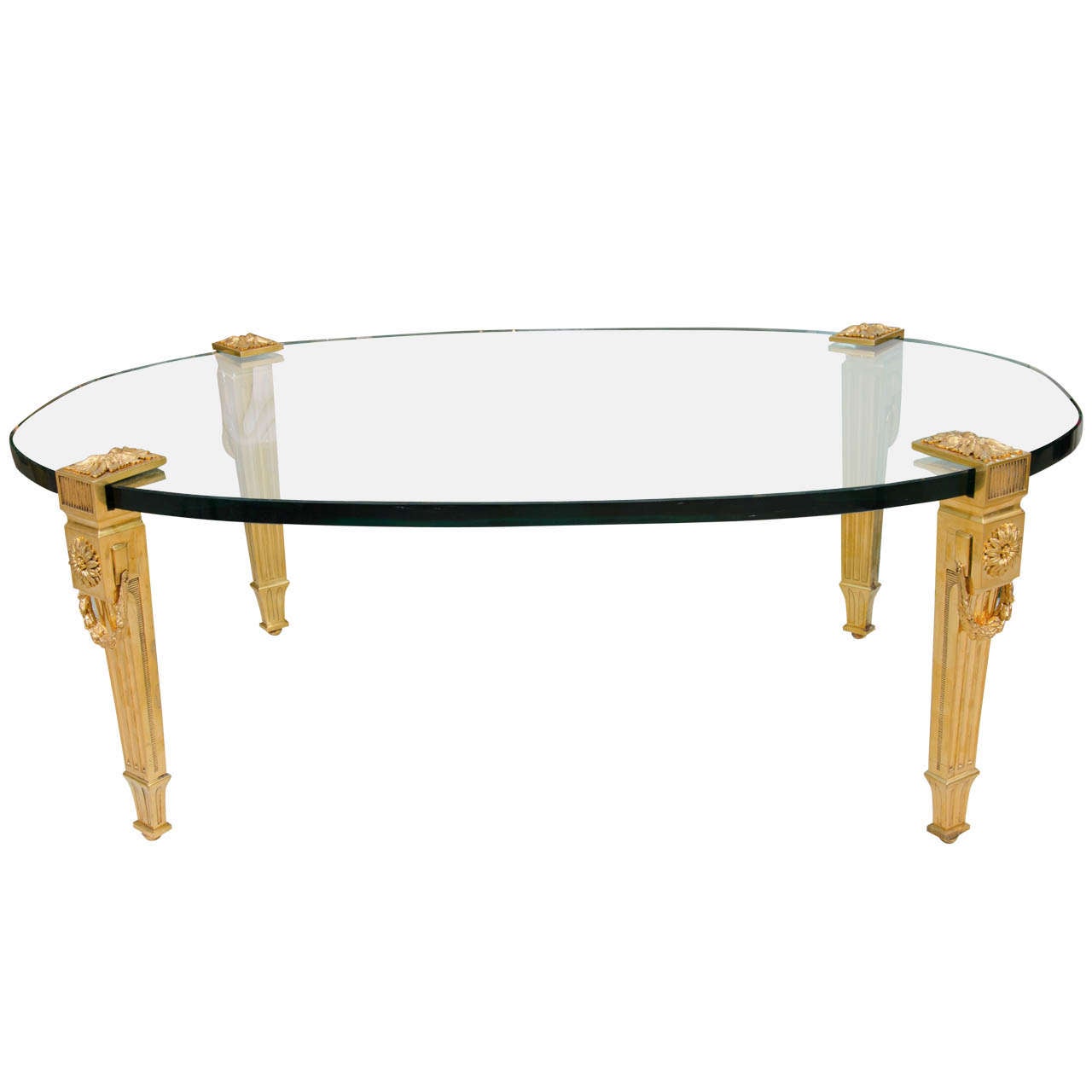 Oval Glass Top Cocktail Table with Gilt Bronze Legs by P.E. Guerin at