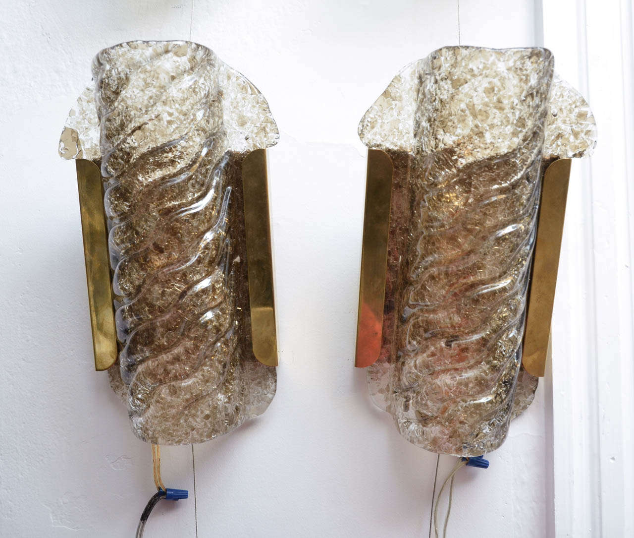 Pair of Mazzega handblown Murano smoked glass wall sconces, takes 2 candlestick style bulbs up to 60 watts.